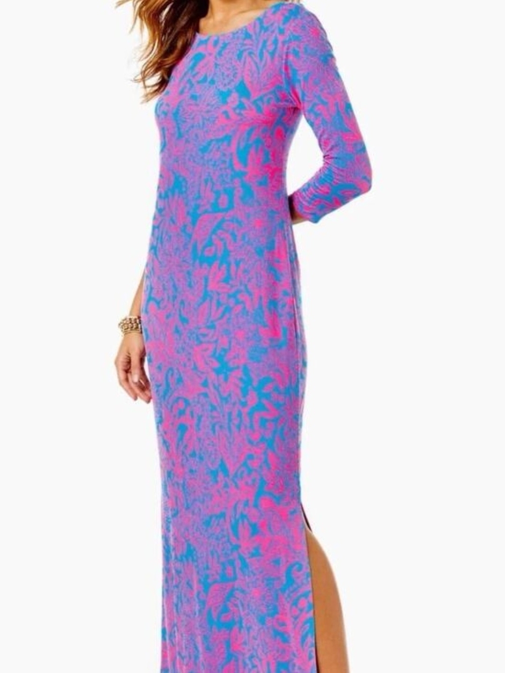 Lilly Pulitzer Morgan Maxi Dress Aura Pink Leaf An Impression Floral 3/4 L